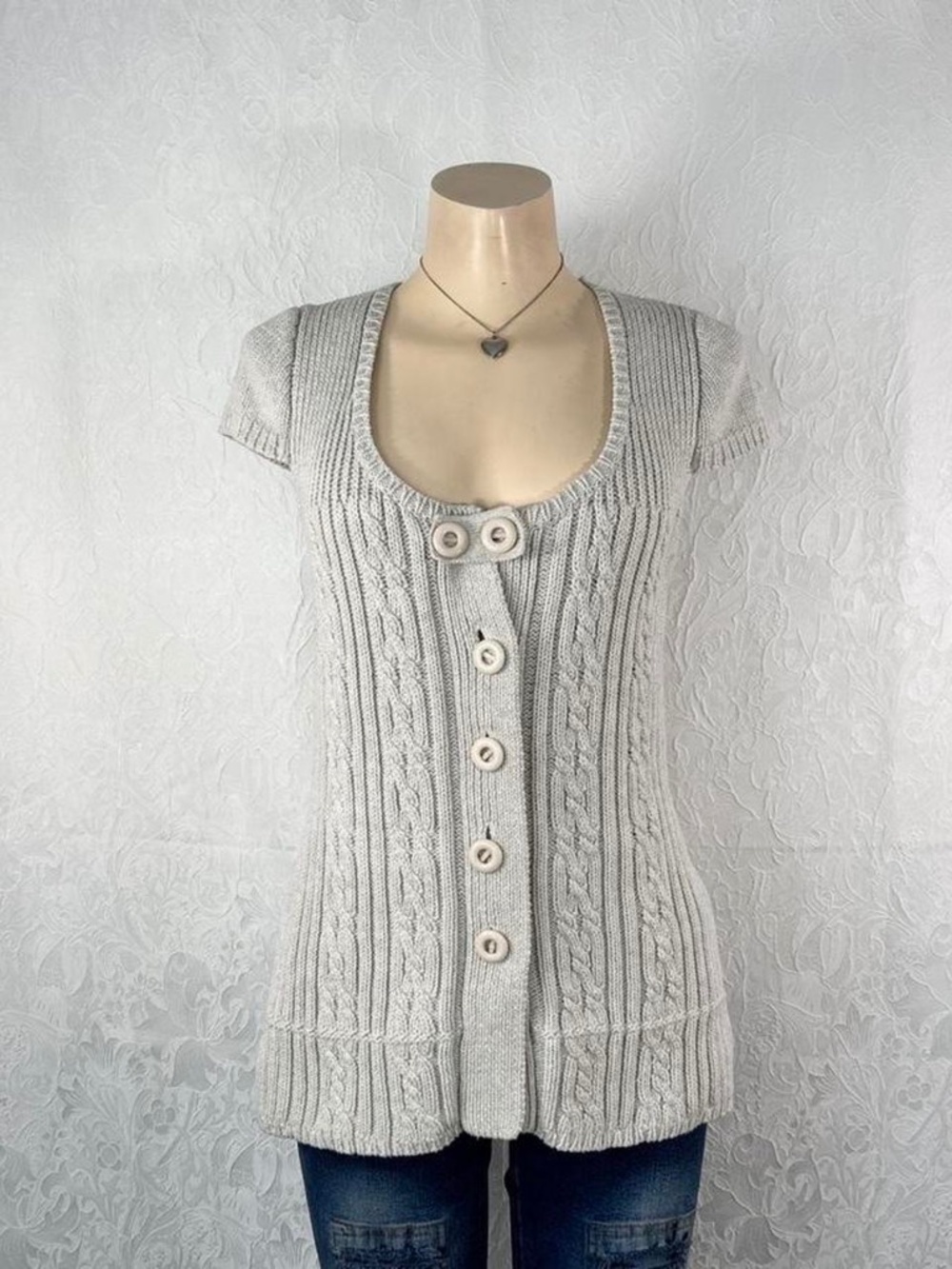 Puli Cotton Cable Knit Short-Sleeve Button Up Sweater